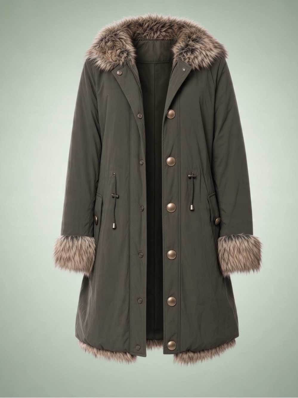 Fabulous Furs Olive Green Jacket with Cream Faux Fur Lining-2XL